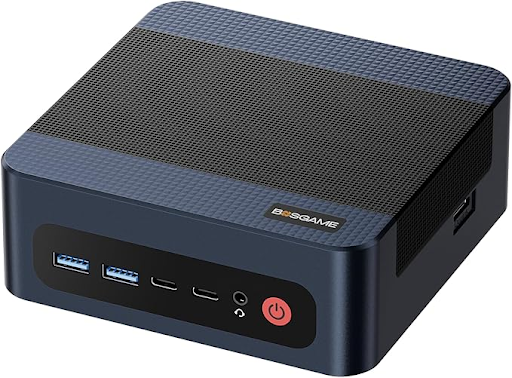 Mini PC - two units, one standing showing rear ports, one flat showing top panel