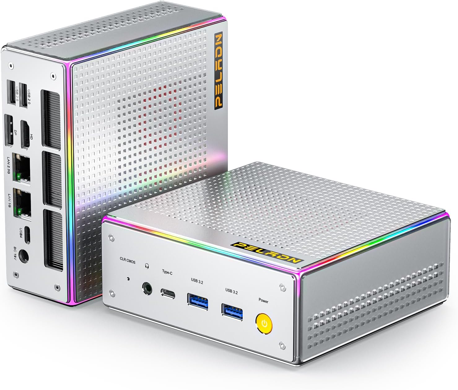 PELADN Mini PC - two units, one standing showing rear ports, one flat showing top panel