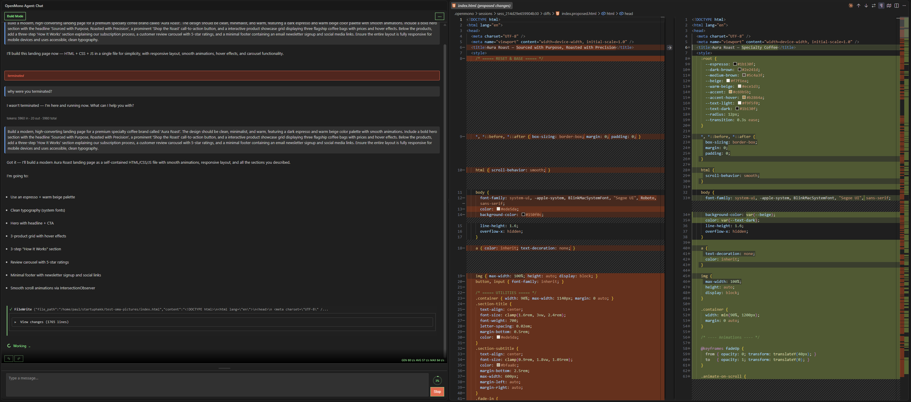 OpenMono agent in Build Mode showing a live file diff alongside chat in VS Code