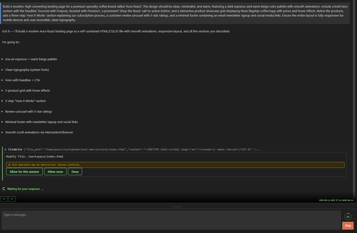 Permission prompt for a file modification with Allow for this session, Allow once, and Deny buttons