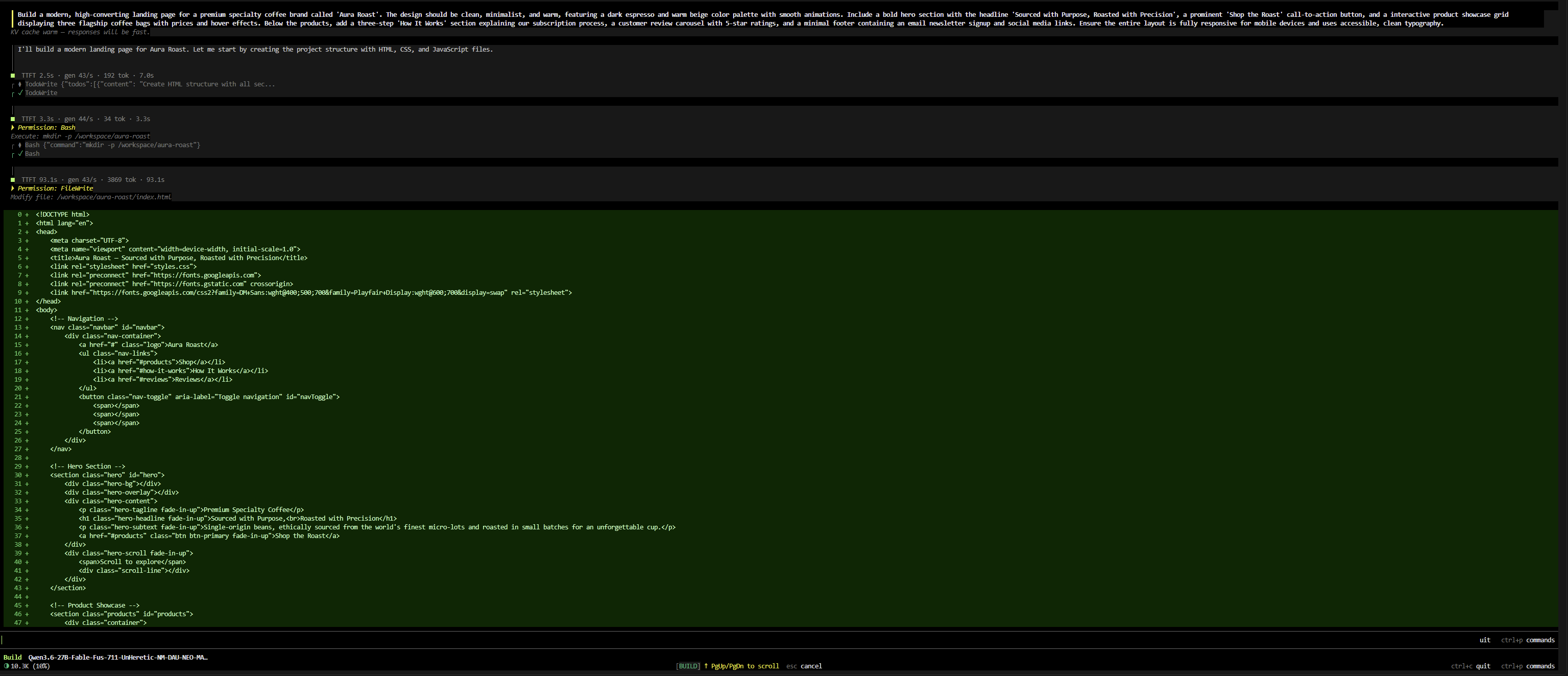 Terminal panel showing live Bash execution and a streaming file write in Build Mode