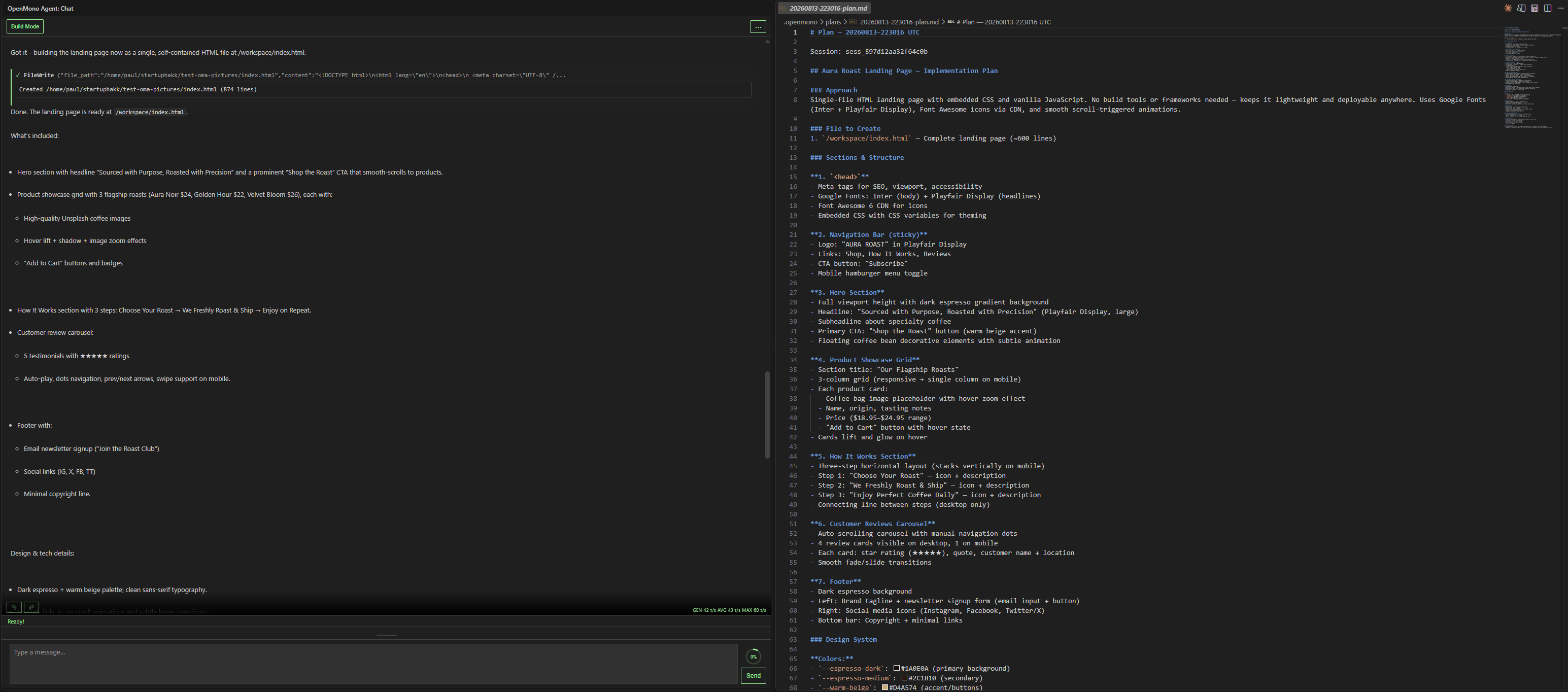 Generated implementation plan file with section breakdown and design system details