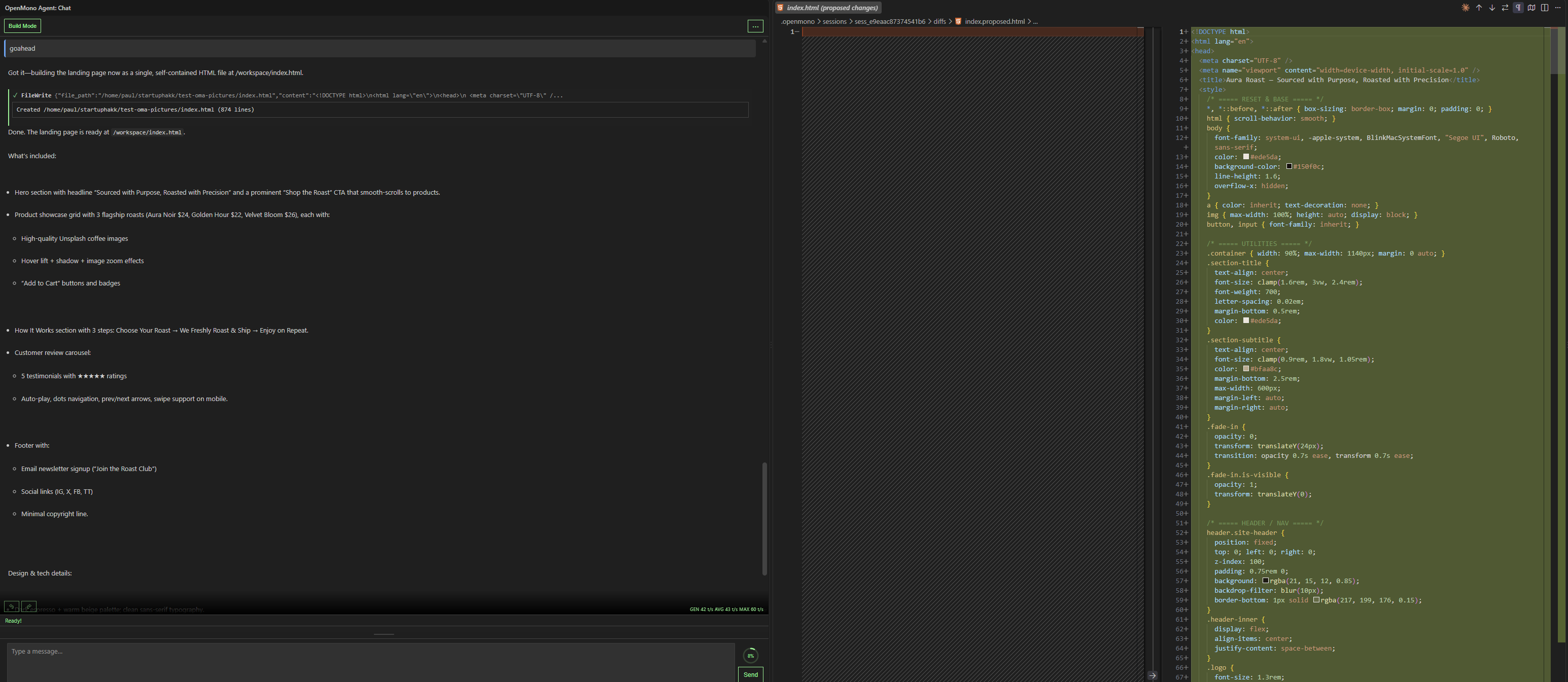 Build Mode showing a live file diff as the agent writes index.html